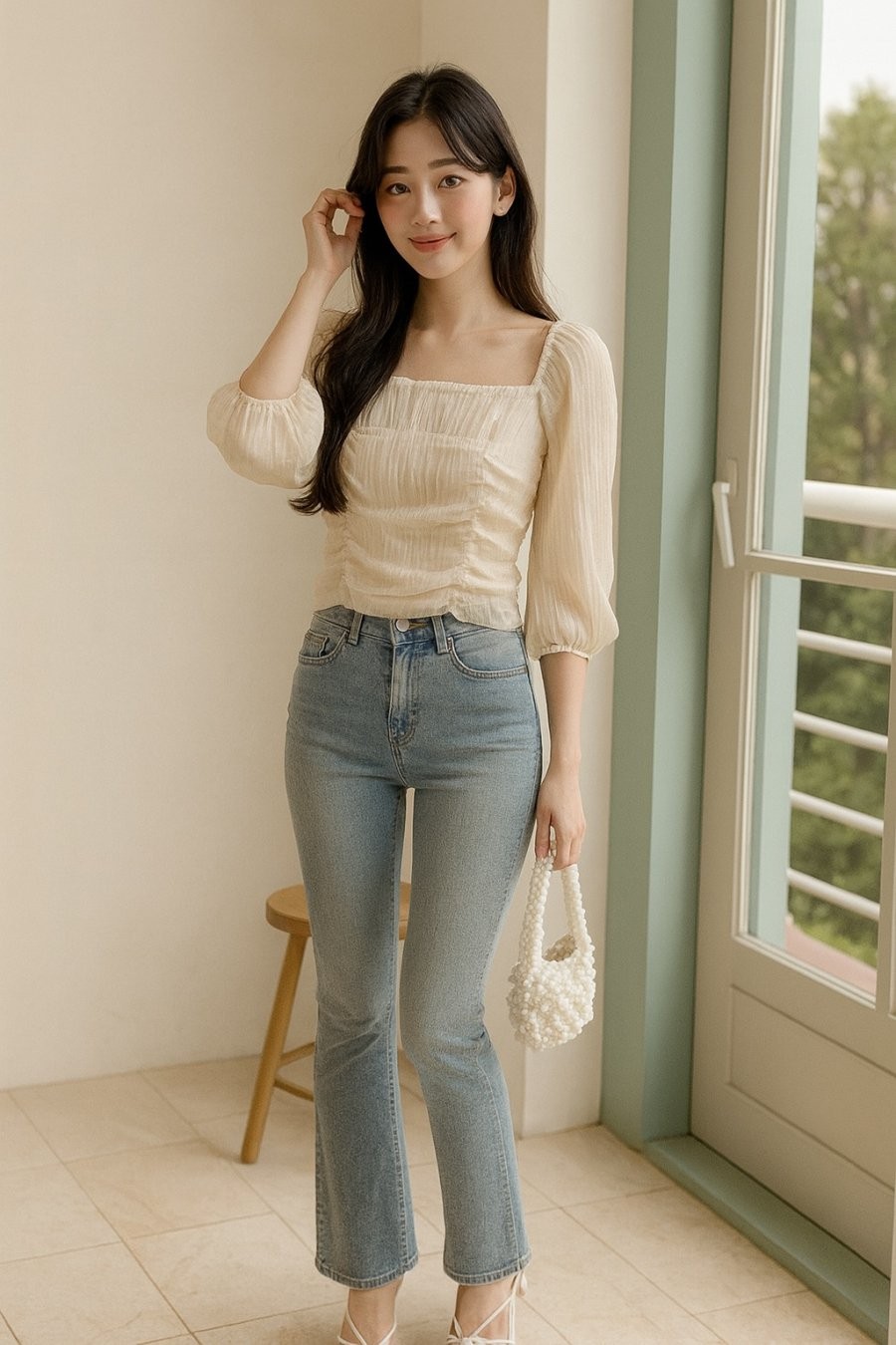 Quần jeans ôm nhẹ khoe trọn đôi chân thon gọn mà vẫn thoải mái, dễ phối với áo blouse hay áo thun cho vẻ ngoài năng động và ngọt ngào.