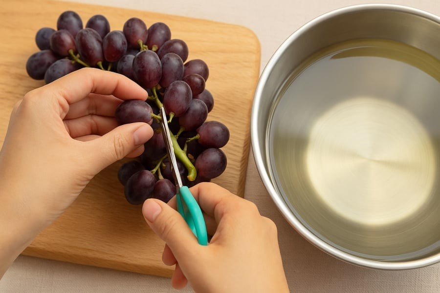 Cắt từng quả nho trước khi rửa giúp hạn chế vi khuẩn xâm nhập, giữ nho tươi lâu hơn.