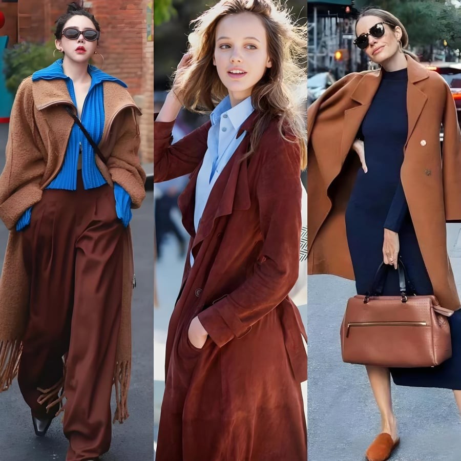 Khi lấy nâu làm chủ đạo, xanh làm điểm nhấn, outfit sẽ trở nên chững chạc, cổ điển và sang trọng.