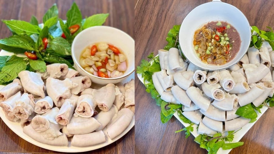 Luộc đến khi lòng lợn chuyển màu trắng ngà. Dùng đũa chọc vào đoạn lòng không có nước hồng chảy ra là được.