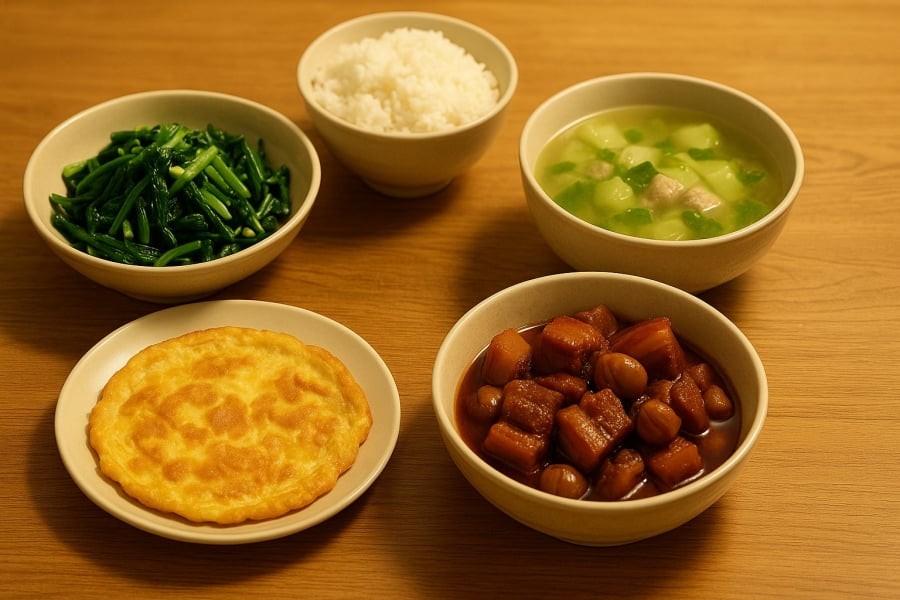 Mâm cơm tối đơn giản nhưng đủ đầy giúp gắn kết cả gia đình mỗi ngày.