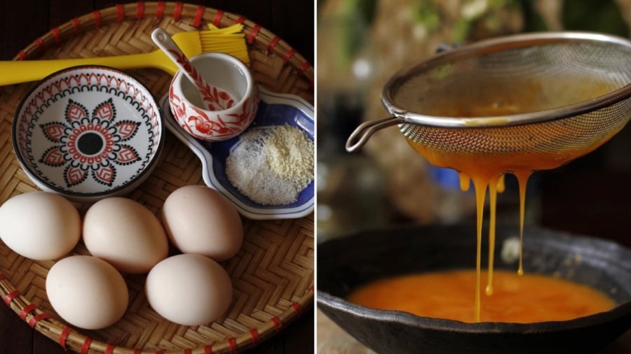Trứng cần được đánh đều với các loại gia vị. Khi đánh trứng, nên đánh một chiều và đánh nhẹ nhàng để trứng không bị nổi bọt.