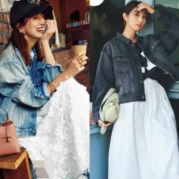 Áo khoác denim là ví dụ điển hình: nét bụi bặm, đường phố của denim giúp “giải cứu” váy trắng khỏi sự quá ngọt ngào
