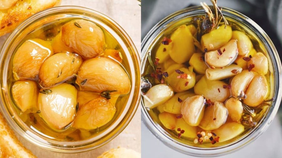 Tỏi ngâm dầu - tỏi confit có vị thơm dịu, mềm mịn, thích hợp để ăn với bánh mì hoặc dùng để chế biến nhiều món ăn khác.