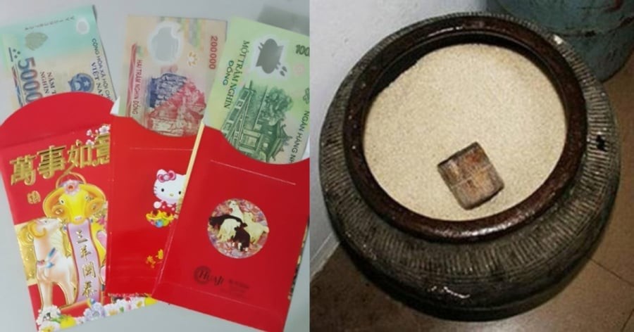 Đặt bao lì xì dưới đáy thùng gạo kích hoạt may mắn