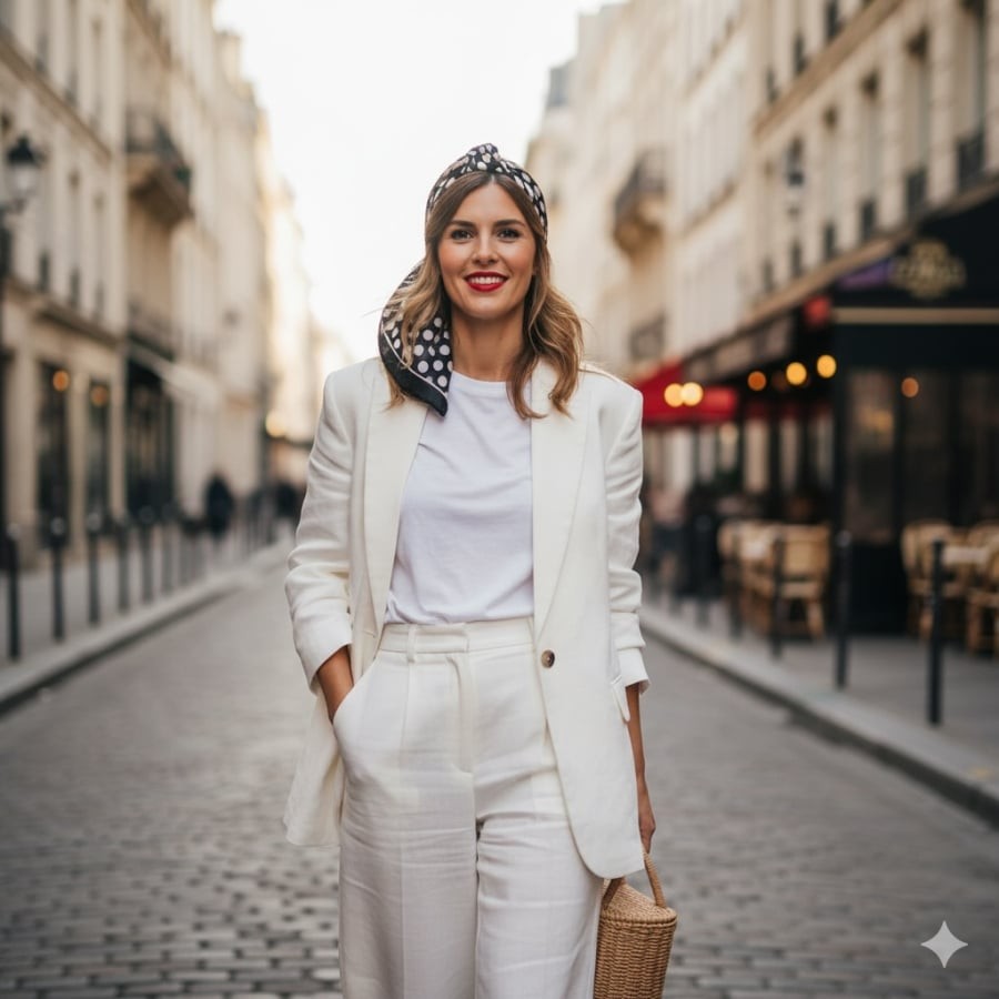Một chiếc áo blazer trắng tối giản đủ để nâng tầm mọi outfit mùa lạnh. Bí quyết của phụ nữ Pháp luôn là: càng đơn giản, càng sang.