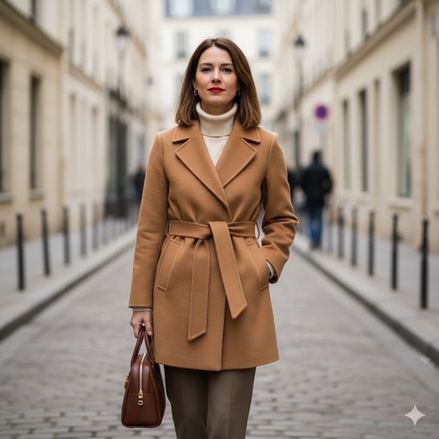 Chiếc áo khoác dạ dáng ngắn mang lại cảm giác ấm áp, thanh lịch và nữ tính – chuẩn tinh thần “effortless chic” của quý cô Paris.