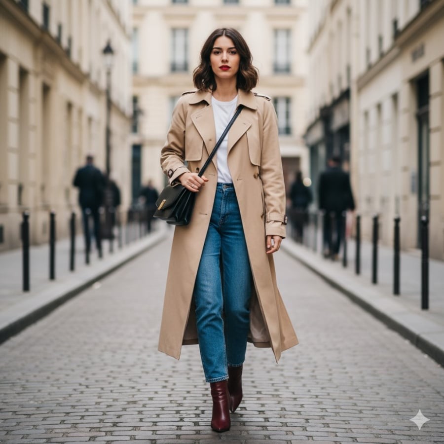 Chiếc trench coat be cổ điển luôn là biểu tượng bất biến của phong cách Pháp.
Phối cùng jeans xanh và boots đỏ rượu vang, vẻ đẹp vừa thanh lịch, vừa phóng khoáng khiến ai cũng muốn thử.