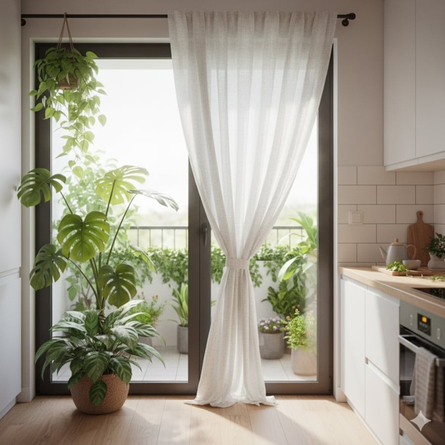 Cây xanh và rèm cửa giúp cân bằng năng lượng, hóa giải xung khắc trong phong thủy bếp