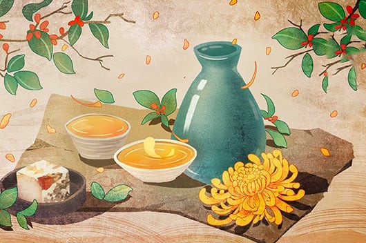 Hình ảnh rượu và hoa cúc vàng gắn với Tết Trùng cửu