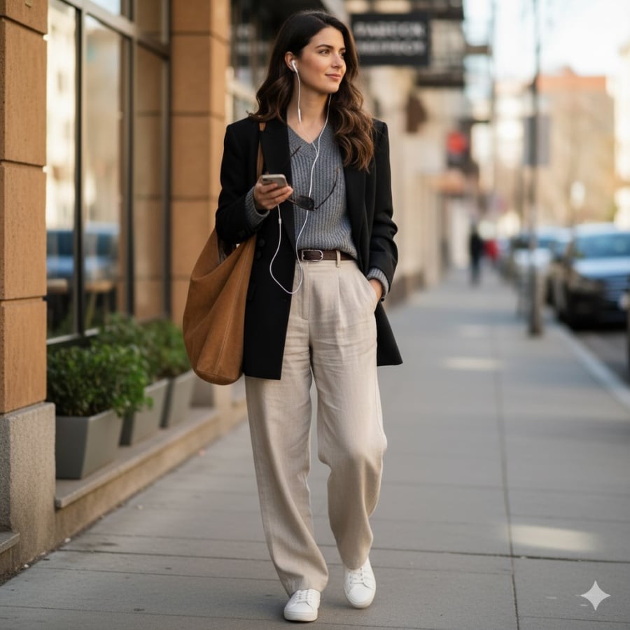 Áo blazer kết hợp quần ống rộng – công thức thời trang tối giản “chuẩn công sở”.