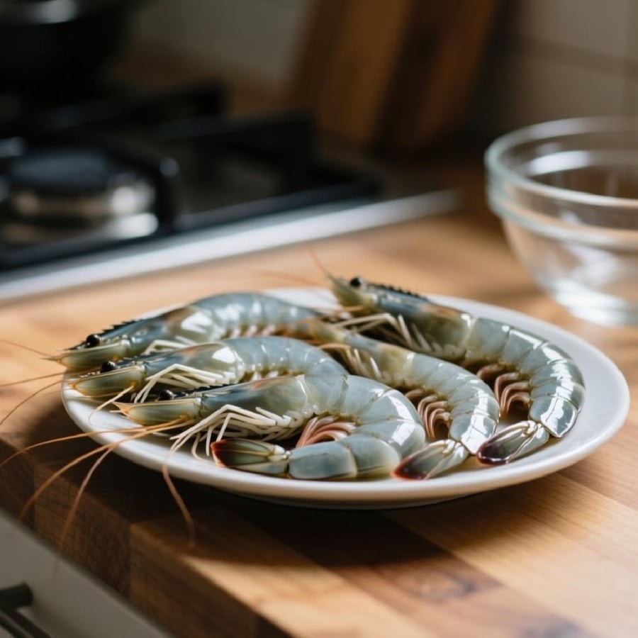 Tôm mua về cần rửa sạch và để ráo nước trước khi luộc.