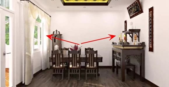 Vị trí lý tưởng cho bàn thờ là nơi có thể tựa lưng vào bức tường vững chắc, phía trước thoáng đãng nhưng không bị nắng gắt hay gió mạnh thổi trực tiếp.