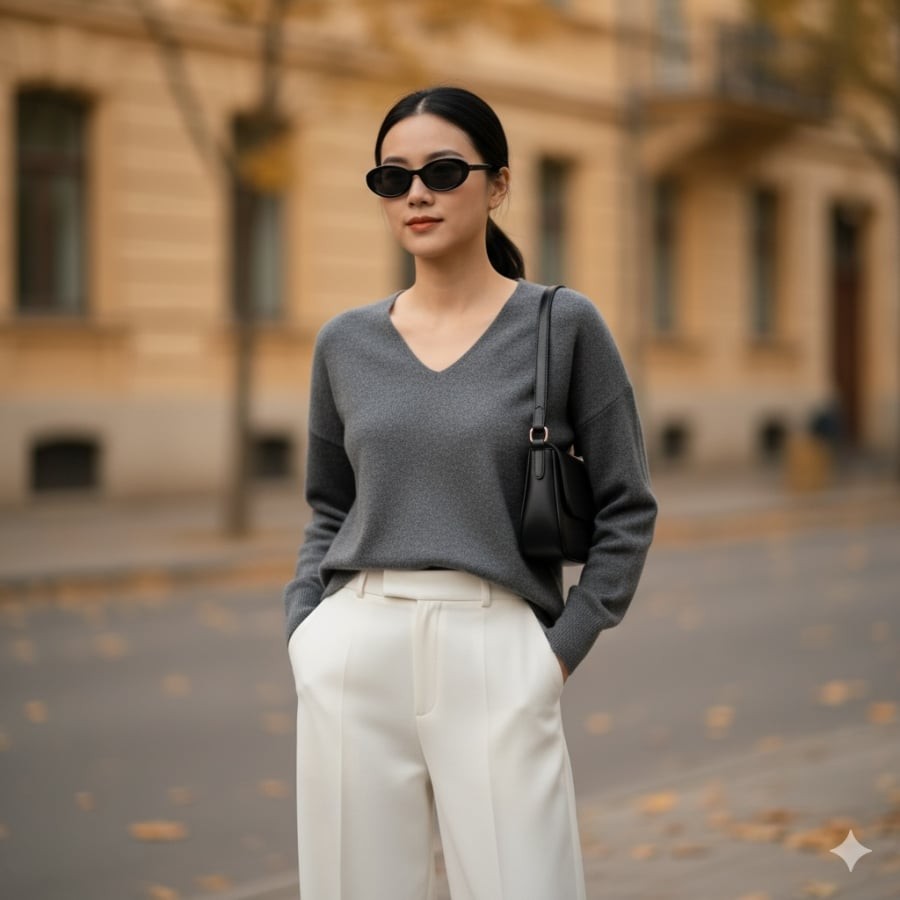 Áo len cổ tim xám phối quần trắng – outfit tối giản sang trọng cho mùa lạnh.