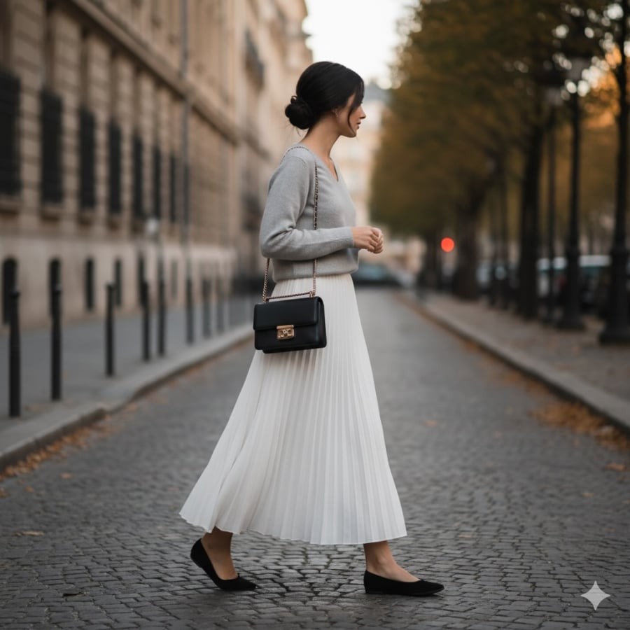 Áo len cổ tim phối chân váy dài – outfit lý tưởng cho phong cách nhẹ nhàng, tinh tế.