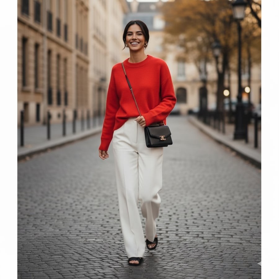 Áo len đỏ nổi bật – điểm nhấn rực rỡ giúp bạn bừng sáng cả outfit.