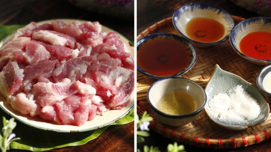 Bạn nên chọn phần thịt có cả nạc và mỡ để khi nướng lên không bị khô. Các gia vị cơ bản để ướp thịt thường có đường, muối, nước mắm, nước hàng, hành, tỏi, sả...