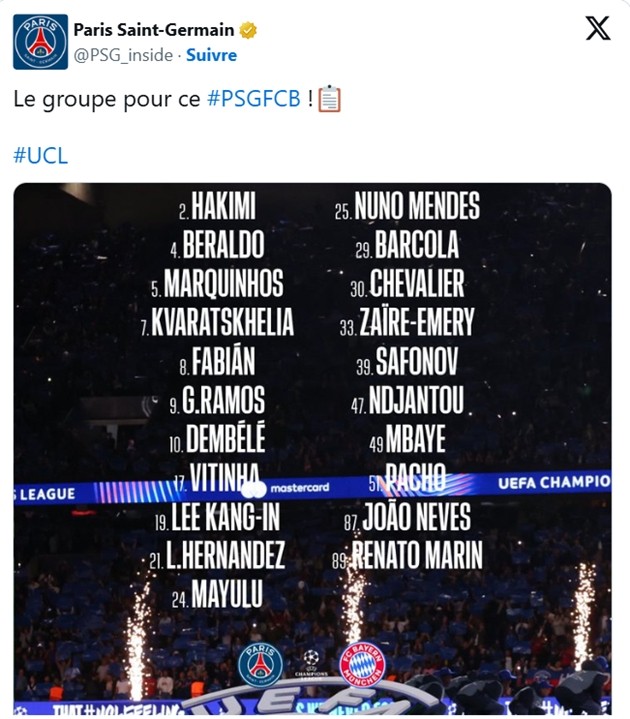 Danh sách đăng ký thi đấu của PSG trận gặp Bayern.