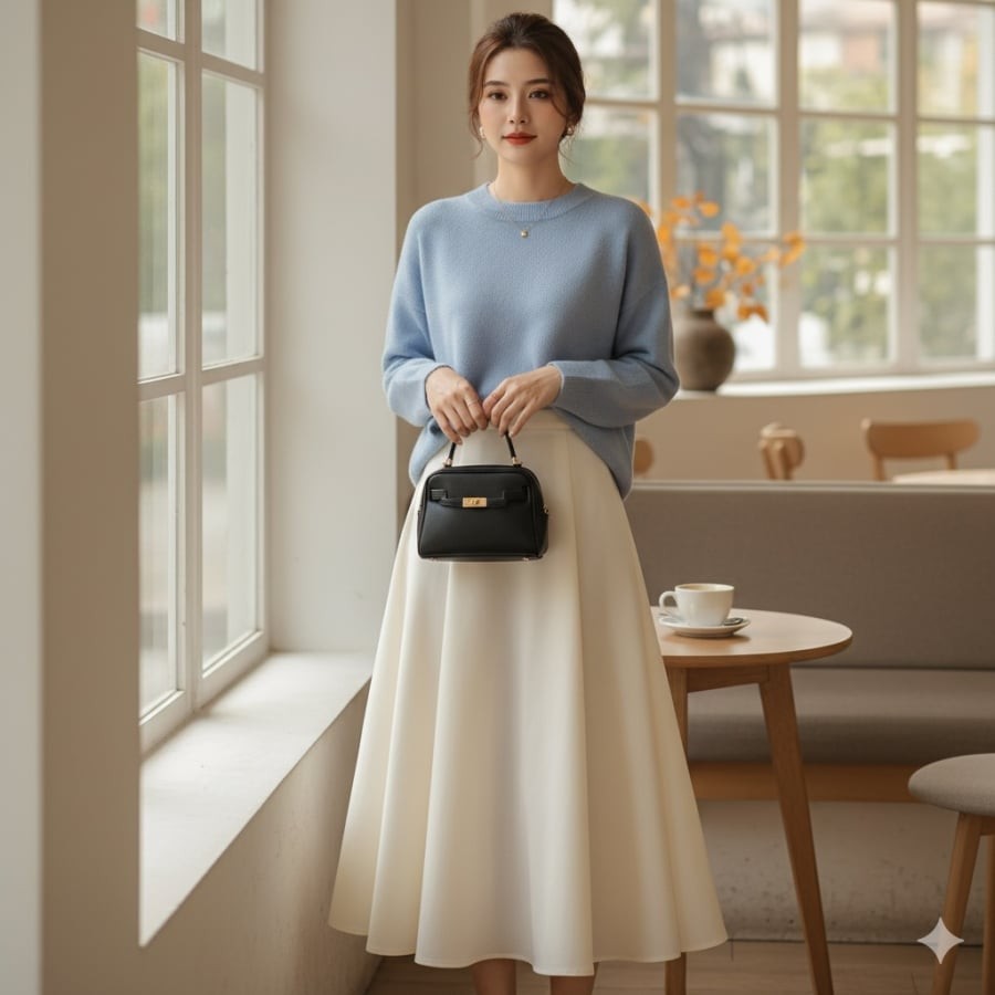 Phong cách thanh thoát, tinh tế với chân váy suông và áo len oversize.
