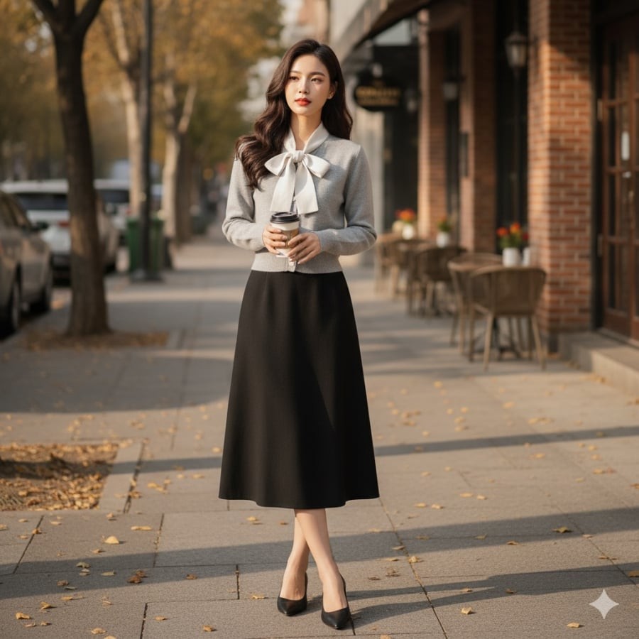 Thanh lịch và nhẹ nhàng với chân váy suông đen phối cardigan.