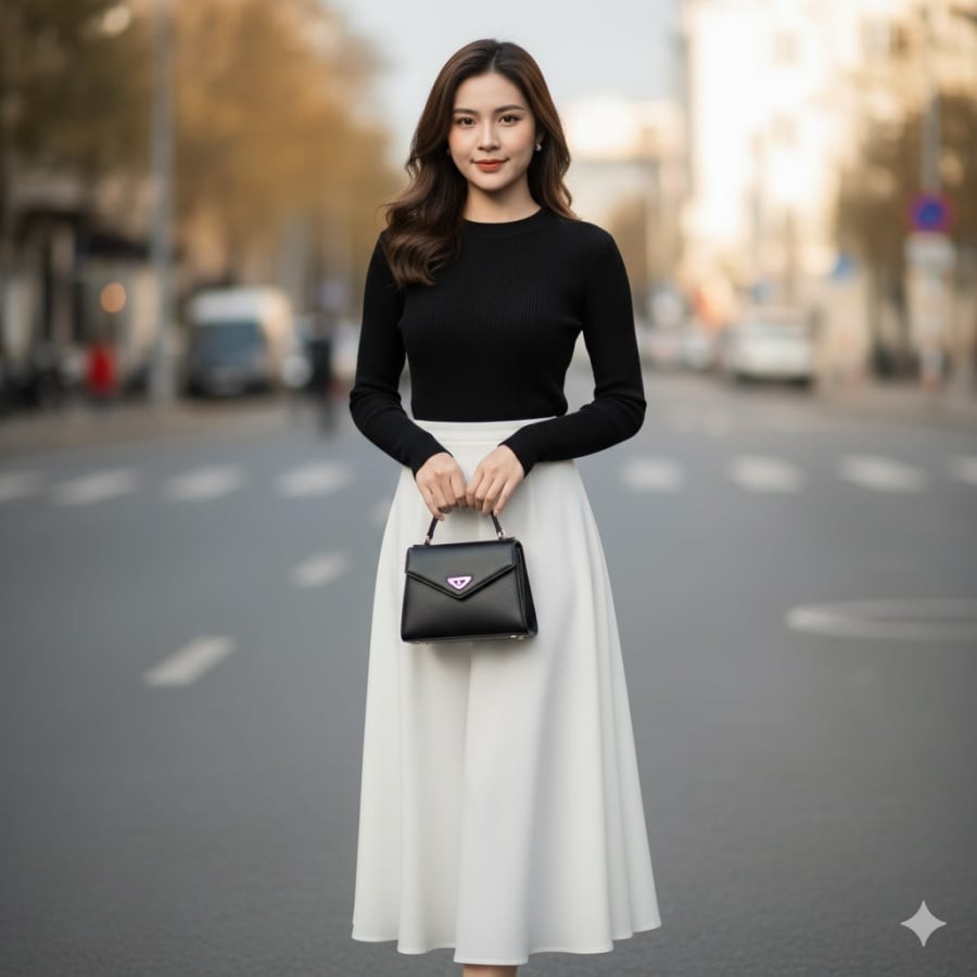 Phong cách tối giản nhưng sang trọng với chân váy suông tông trắng – đen kinh điển.

