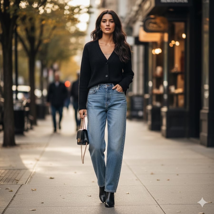 Quần jeans gọn dáng và áo khoác đơn giản tôn lên vẻ tinh tế, trẻ trung.