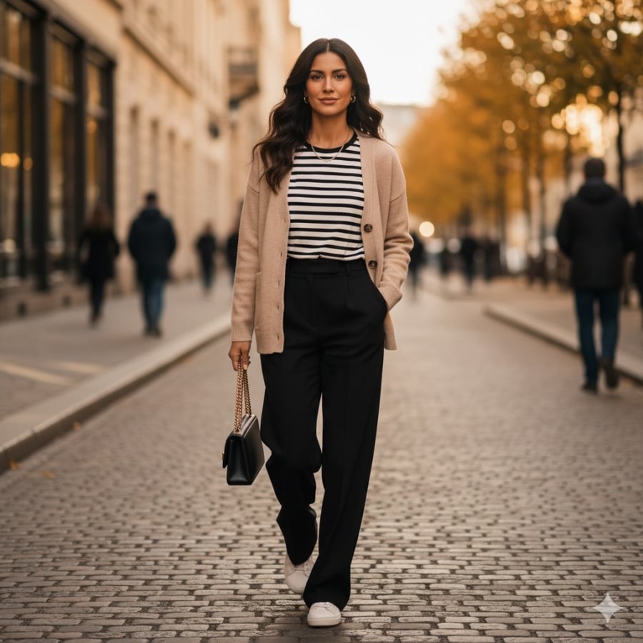 Quần ống suông thanh lịch giúp tổng thể vừa hiện đại vừa mềm mại.