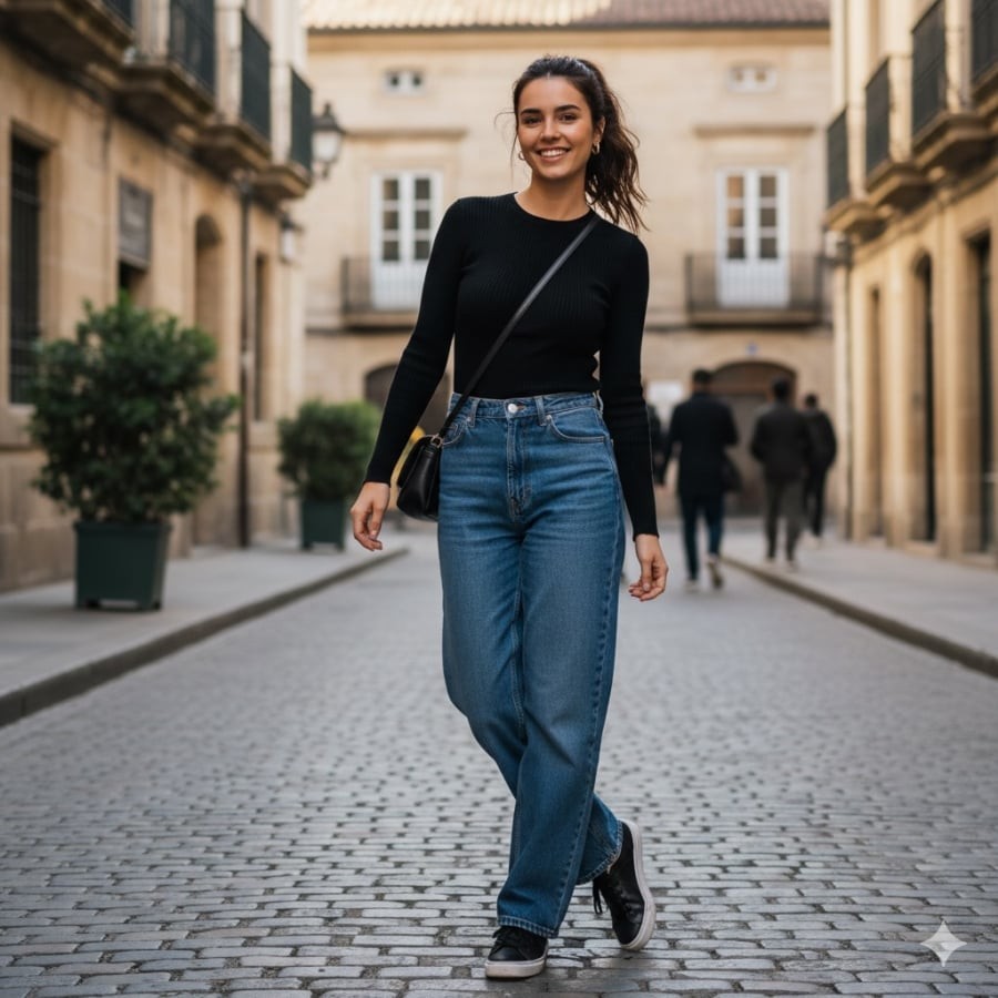 Phối áo đen cùng denim – công thức giúp outfit mùa đông trẻ trung, dễ mặc.