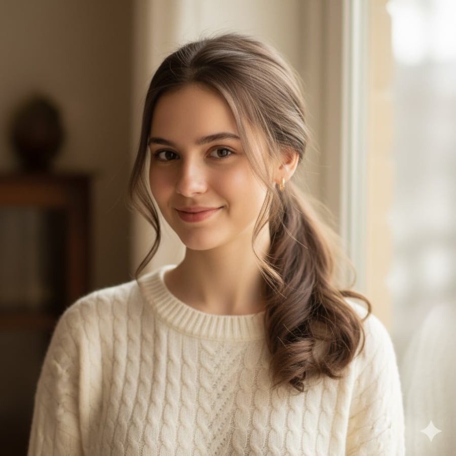 Kiểu tóc buộc thấp dịu dàng, phù hợp với áo len mỏng, tạo vẻ nữ tính và gần gũi.