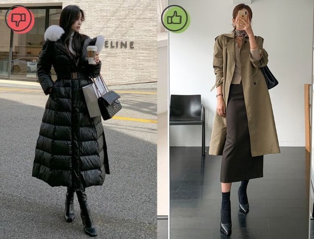 Phom dáng dày, dài và nặng khiến người mặc trông thấp hơn, mất dáng và đôi khi còn cộng thêm vài tuổi.