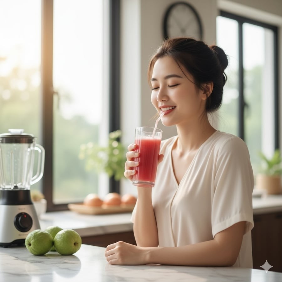 Ly nước ép ổi buổi sáng – bí quyết đơn giản giúp duy trì vóc dáng và tăng sức đề kháng mỗi ngày.