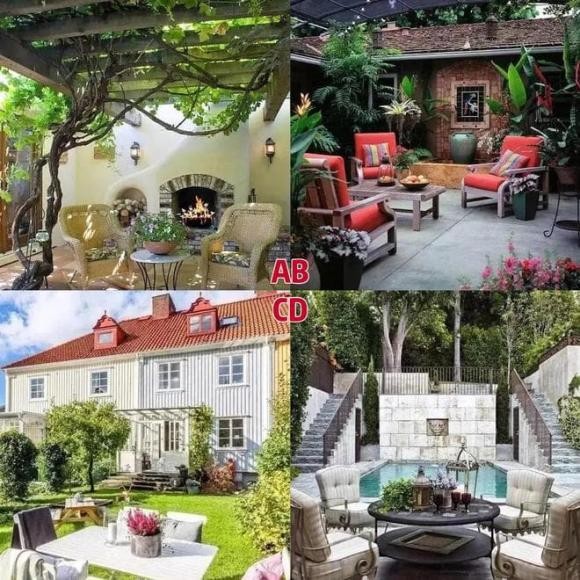 Khoảng sân bạn yêu thích được bao quanh bởi những dây leo xanh mướt, giàn hoa nở rộ và ánh lửa bập bùng nơi góc sân, gợi cảm giác ấm áp và bình yên.