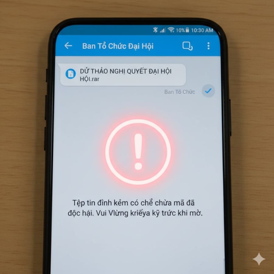 Tin nhắn chứa tập tin “DỰ THẢO NGHỊ QUYẾT ĐẠI HỘI.rar” đang được cảnh báo là có mã độc nguy hiểm.