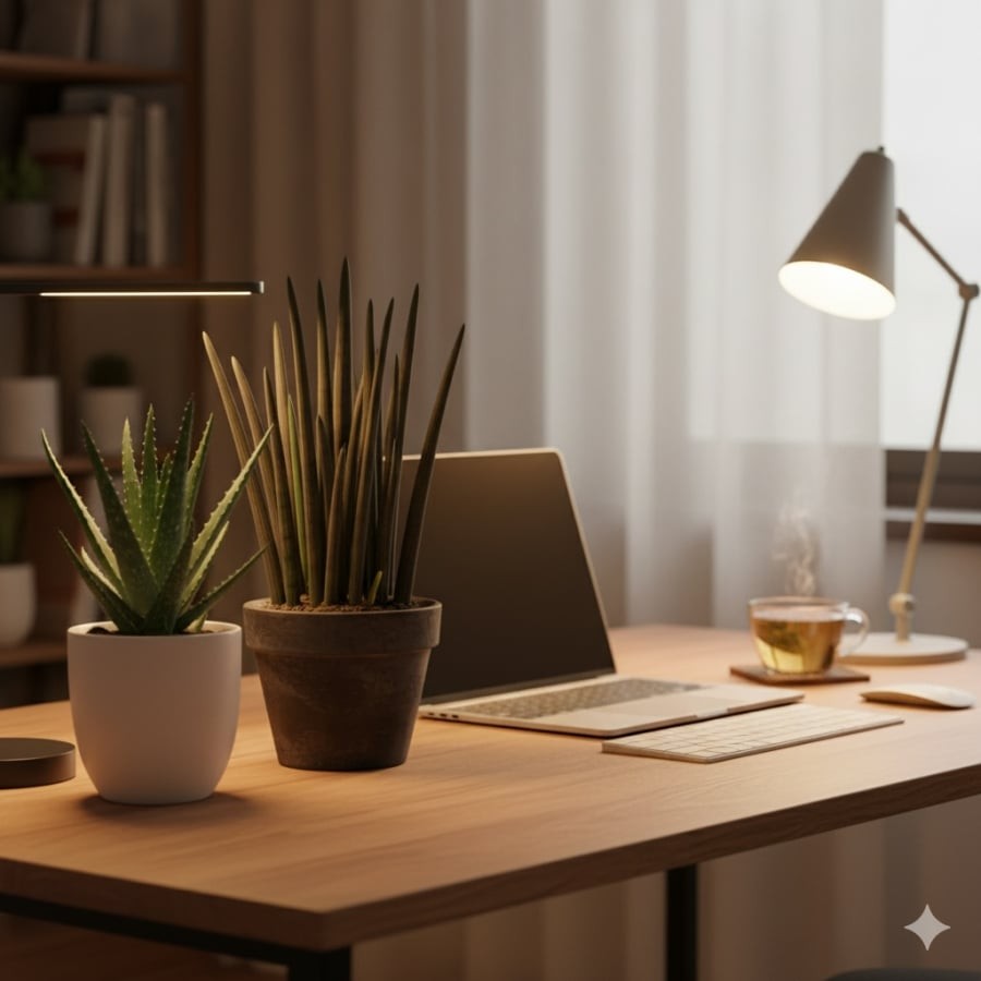 Cây xanh nhỏ gọn trên bàn làm việc giúp thanh lọc không khí và giảm căng thẳng.