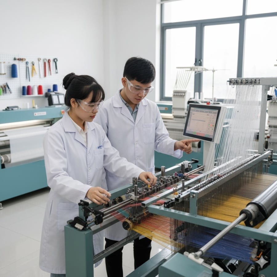 Sinh viên thực hành công nghệ dệt may trên thiết bị chuyên dụng.