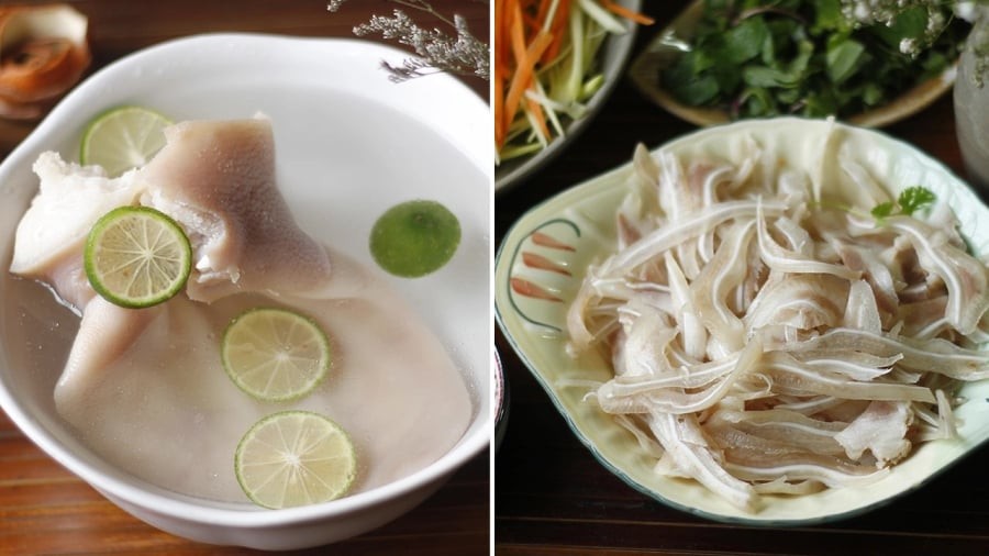Sau khi luộc chín, bạn cần gắp tai heo ra và ngâm ngay vào bát nước đá lạnh.
