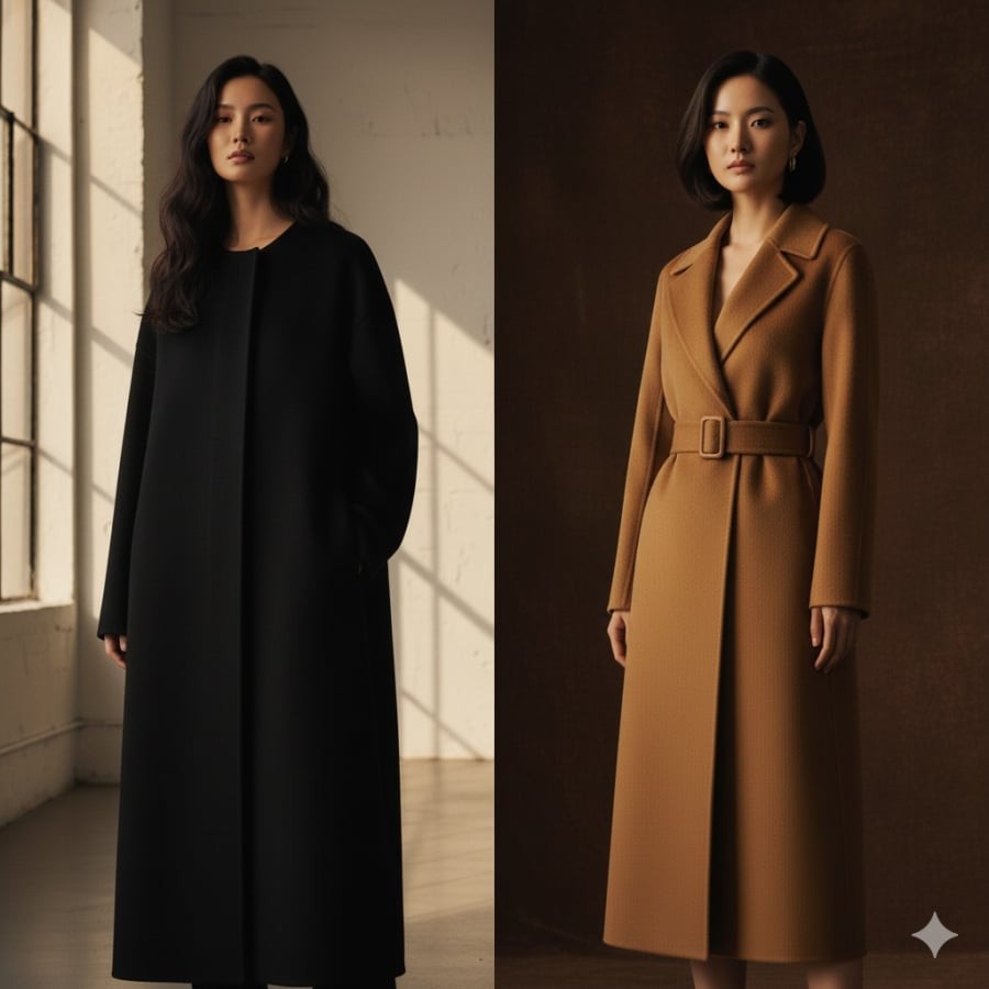 Áo khoác suông không nhấn eo dễ “nuốt” dáng, trong khi áo khoác có đai eo tạo điểm nhấn, kéo dài chiều cao và tăng vẻ thanh lịch.