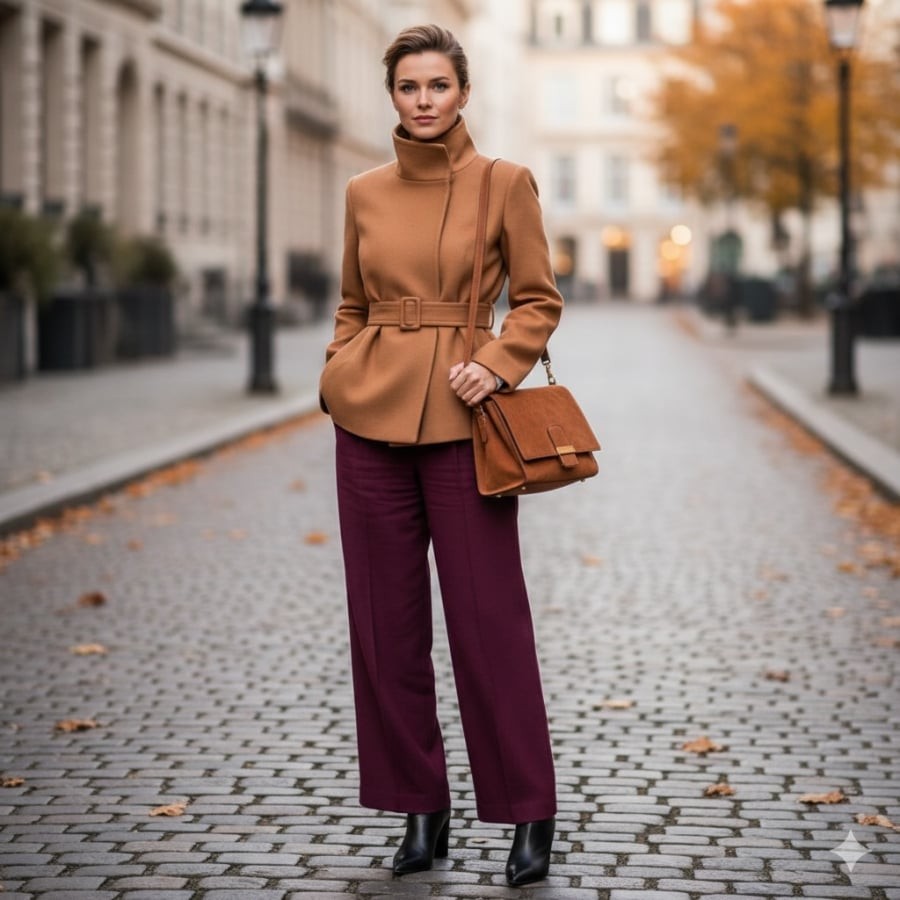 Ấm áp và sang trọng với áo khoác dạ lửng thắt eo màu camel, quần tím mận và túi xách da lộn.