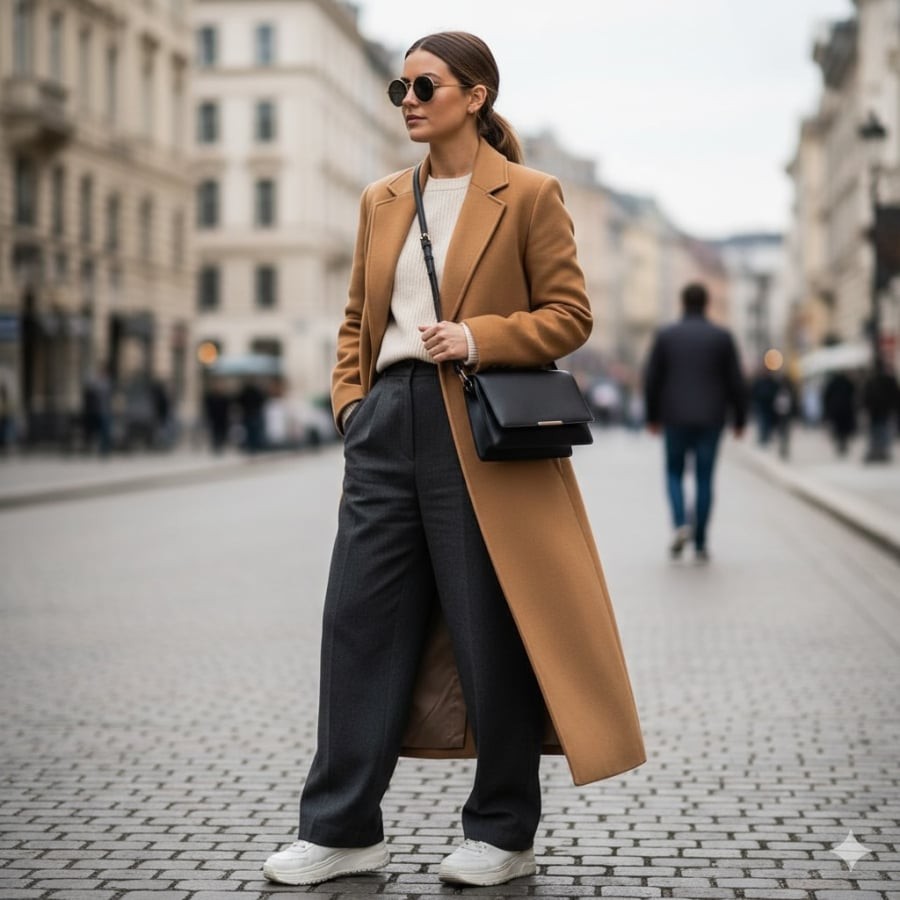 Phong cách thành thị thanh lịch với áo khoác dạ dài màu camel, quần ống rộng và giày thể thao trắng. Sự kết hợp hoàn hảo giữa cổ điển và hiện đại!