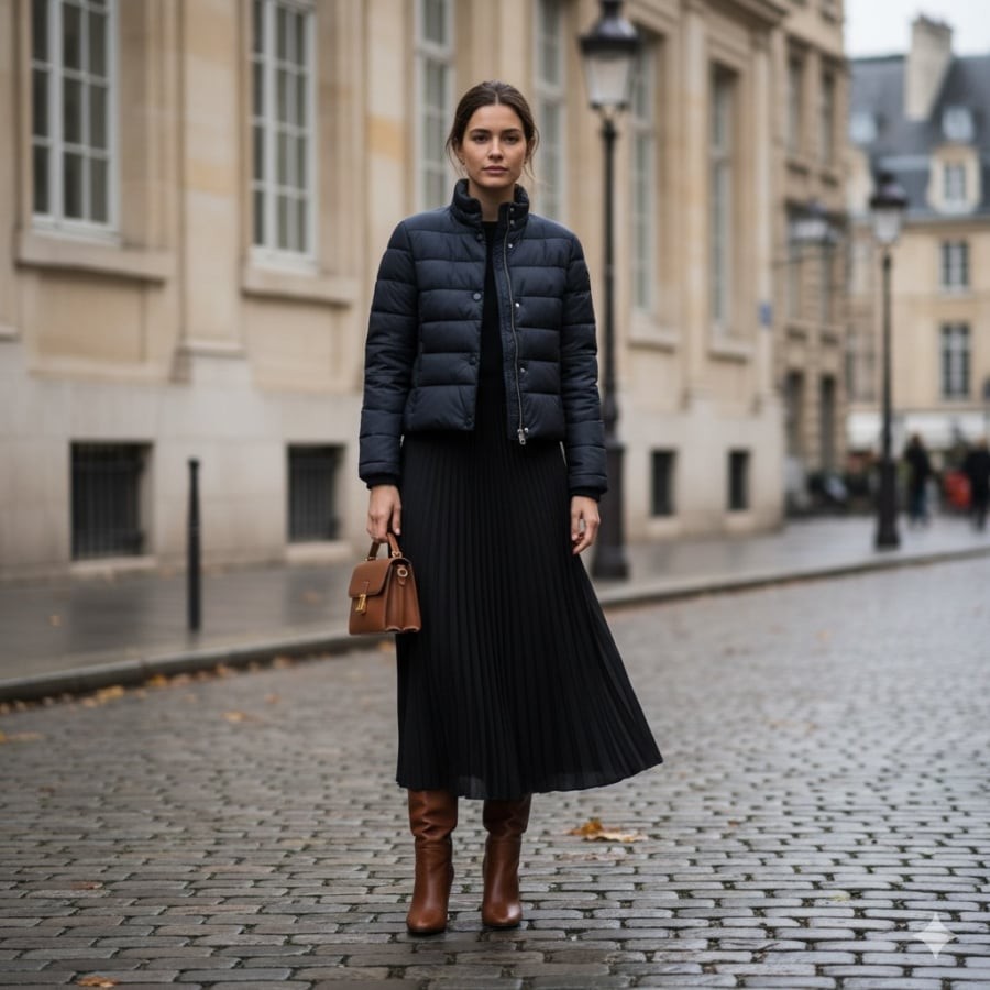 Năng động và ấm áp trong chiếc áo khoác phao ngắn màu xanh navy, chân váy đen và bốt cao cổ nâu. Sẵn sàng cho mọi cuộc phiêu lưu ngày lạnh!