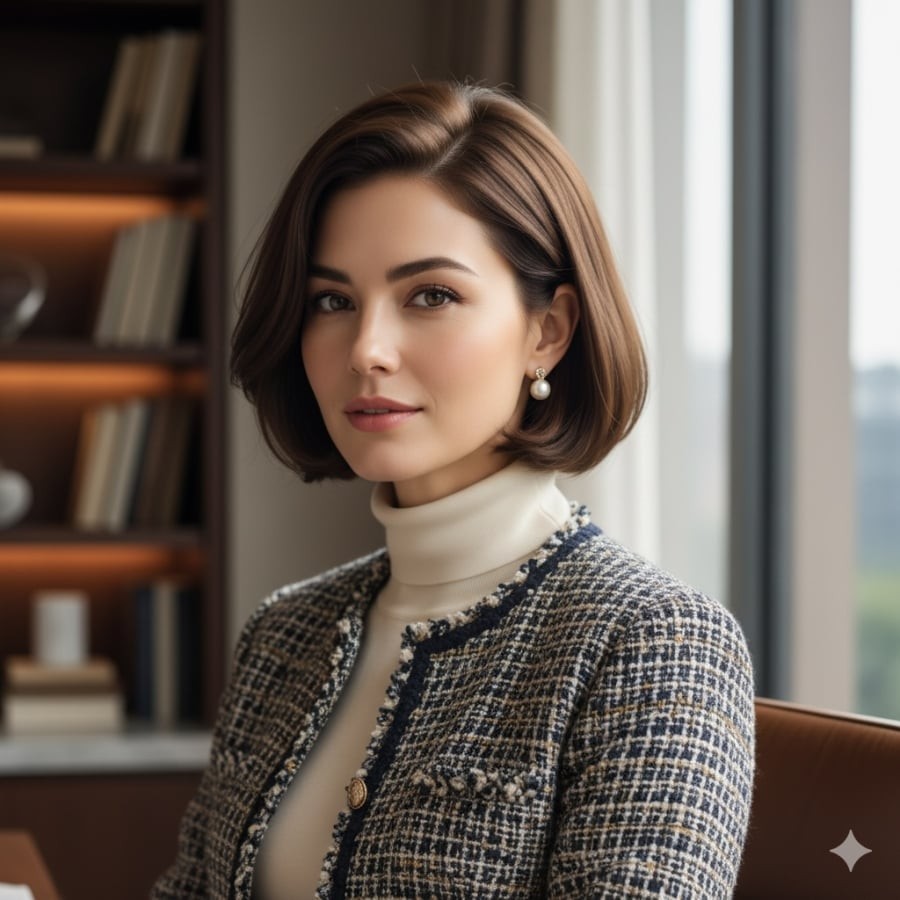 Thanh lịch và tinh tế đến từng đường nét. Kiểu tóc bob cổ điển kết hợp cùng tweed jacket mang đến vẻ ngoài sang trọng, đầy quyền lực cho những quý cô hiện đại. Hoàn hảo cho mọi sự kiện cao cấp.