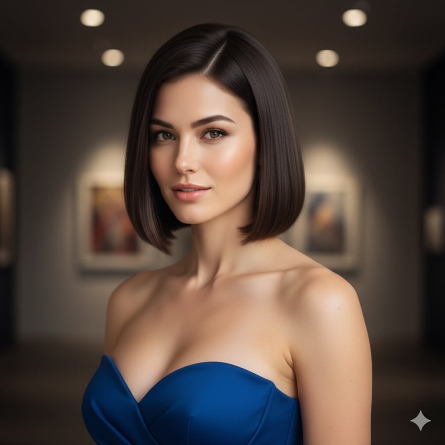 Sắc sảo, hiện đại và vô cùng quyến rũ. Tóc bob ngắn duỗi thẳng mượt mà, kết hợp cùng váy quây vai xanh cobalt, tôn lên đường nét thanh tú và khí chất sang trọng. Phong thái của một quý cô đẳng cấp!