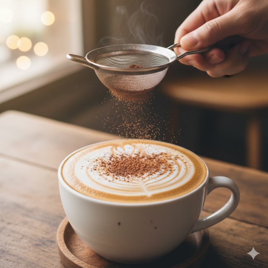 Thêm quế hoặc ca cao giúp tăng hương vị và nâng giá trị dinh dưỡng cho tách cà phê.