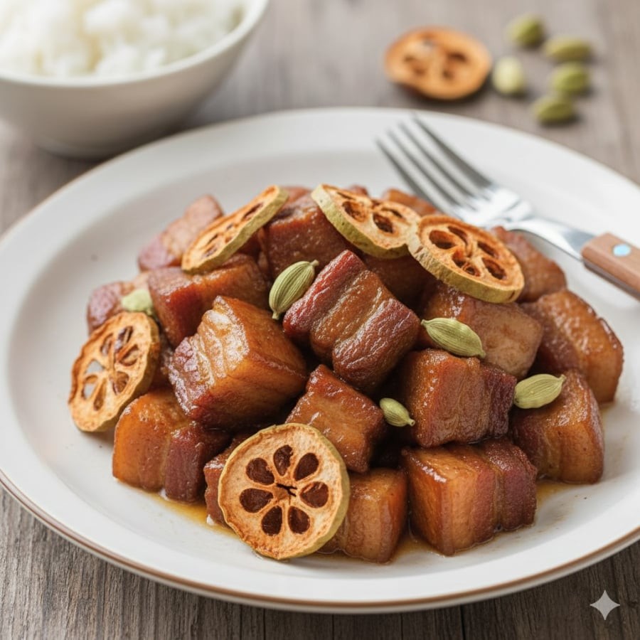 Sơn tra và bạch khấu tạo vị thanh, giảm ngấy, giúp món thịt kho mềm mượt và đậm đà tự nhiên.