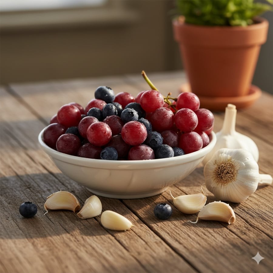 Nho đỏ, việt quất và tỏi chứa nhiều hợp chất chống oxy hóa giúp bảo vệ thận.