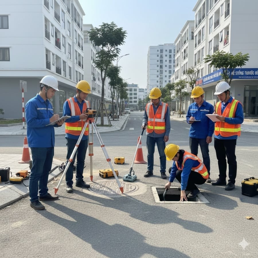 Kỹ sư hạ tầng khảo sát thực tế để đánh giá khả năng chống ngập của đô thị.