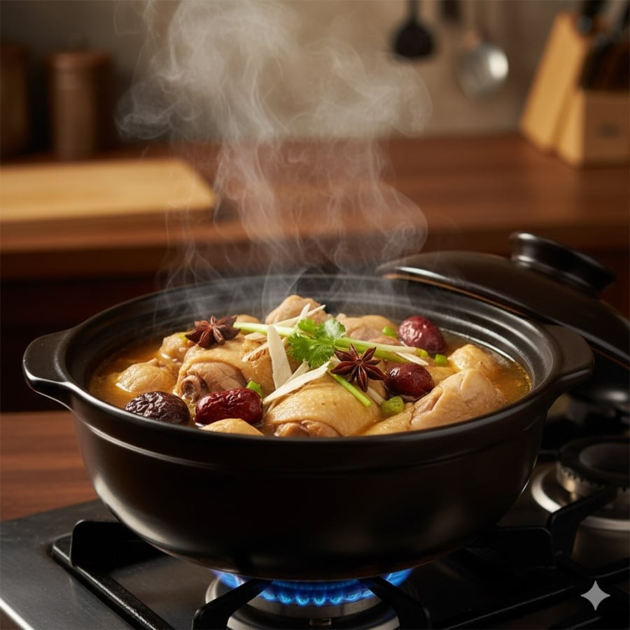 Món gà hầm thơm đậm đà khi kết hợp đúng tỉ lệ gia vị, sạch mùi và thấm vị từ trong ra ngoài.