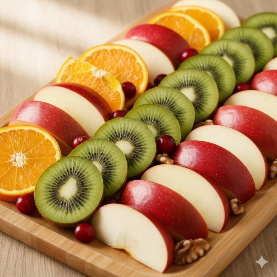 Kiwi, cam và táo – bộ ba trái cây giàu vitamin C hỗ trợ gan hoạt động hiệu quả trong mùa lạnh.