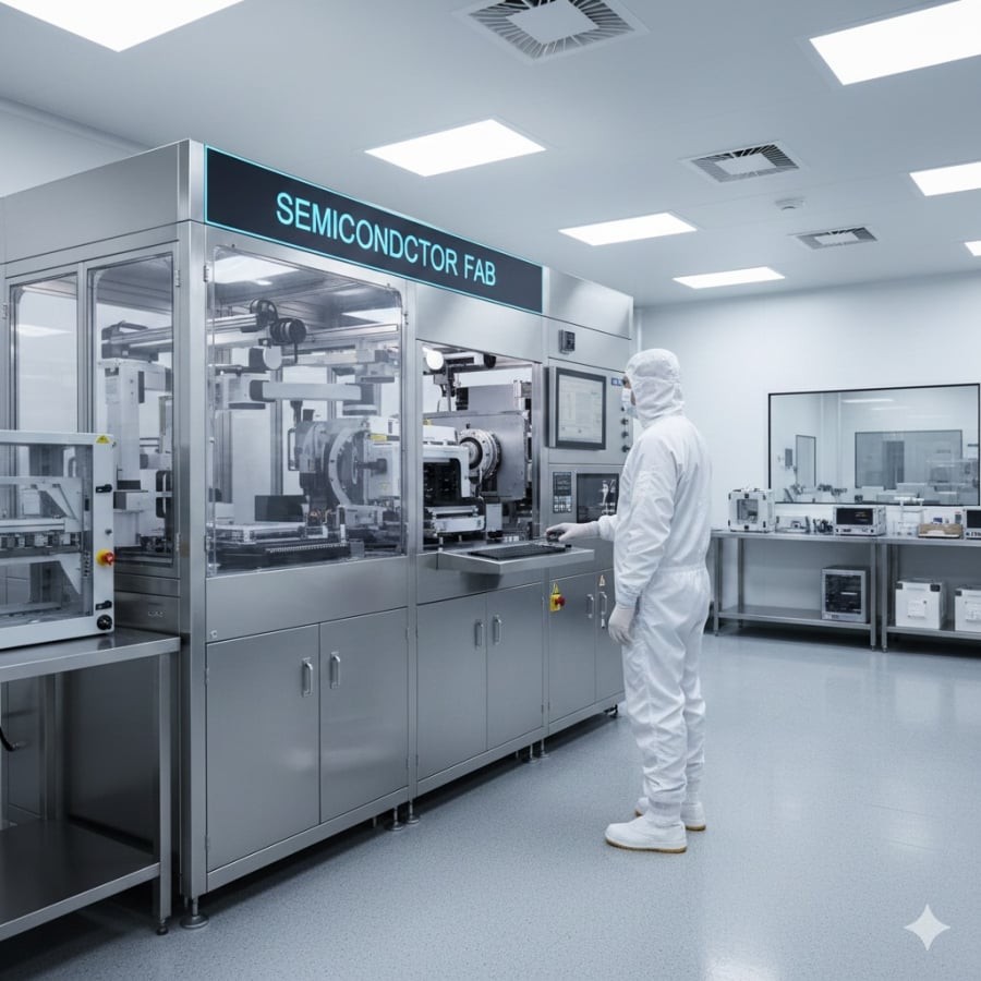 Kỹ sư vận hành dây chuyền bán dẫn trong phòng sạch – môi trường làm việc tiêu chuẩn quốc tế.