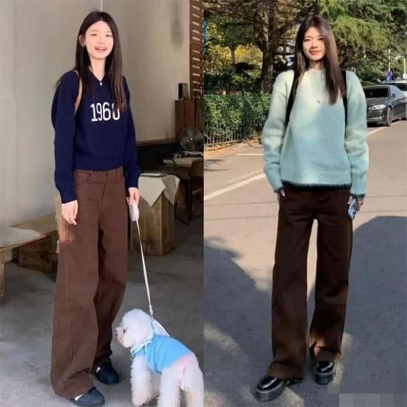 Sự kết hợp giữa áo len và quần nâu là lựa chọn kinh điển